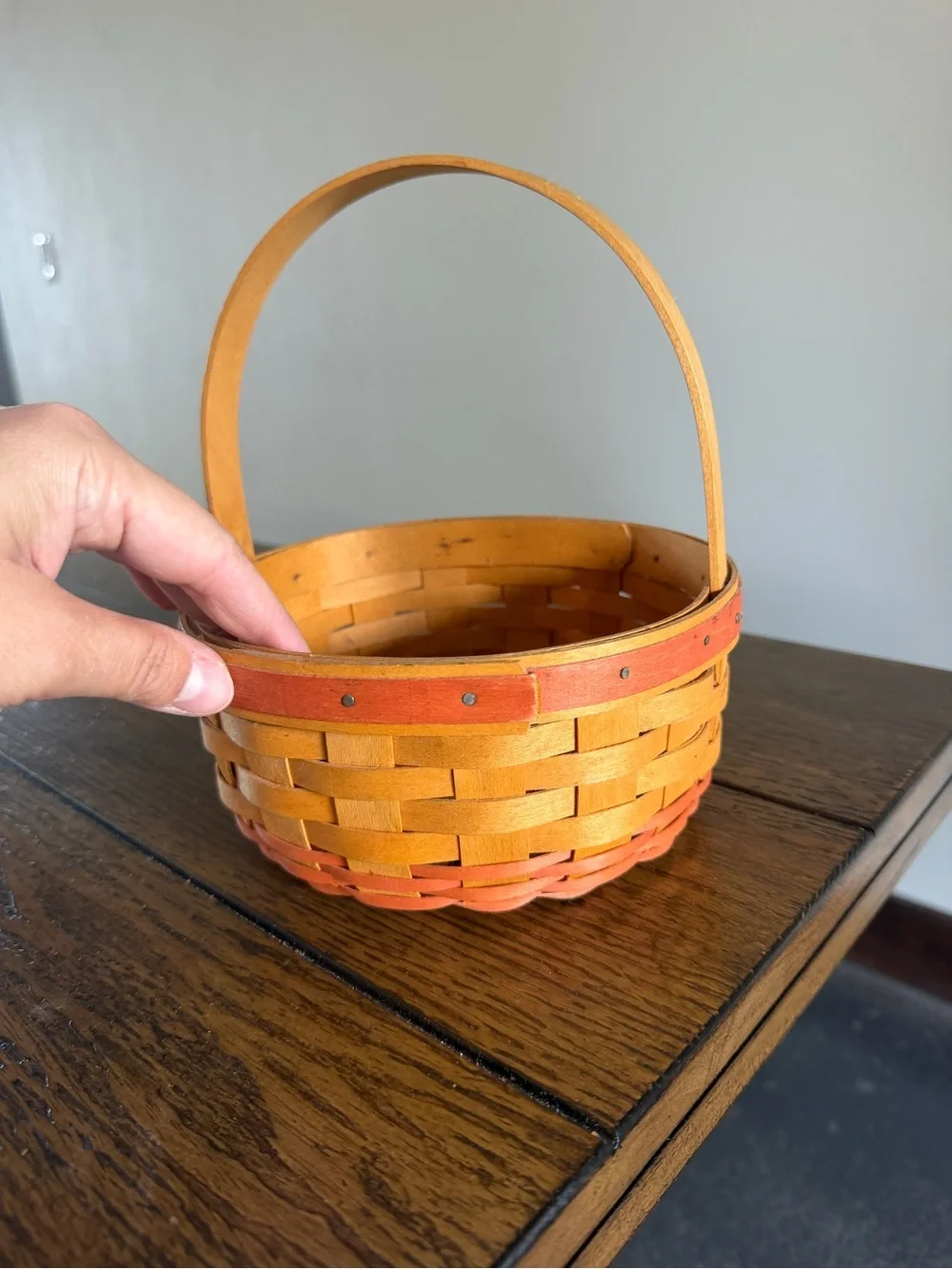 Longaberger Woven Basket With Red Trim And Bottom With Handle Marked Signed